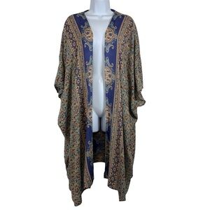 Angie Boho Paisley Kimono Duster Blue Gold Size L Rayon